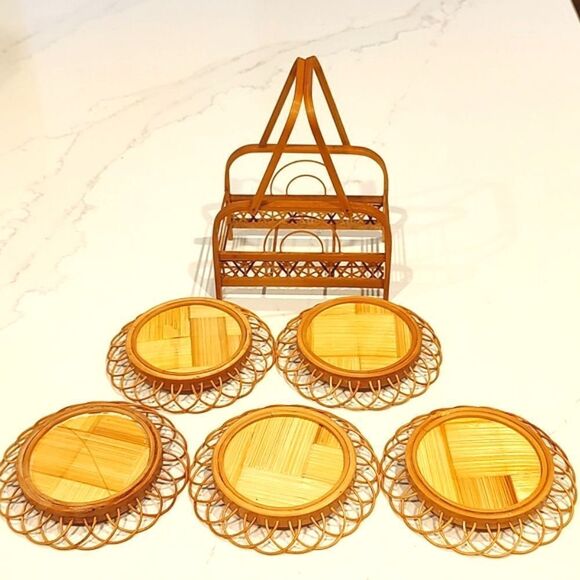 Vintage Bamboo Rattan Hibiscus Flower Set of 5 Coasters with Caddy - Picture 8 of 14